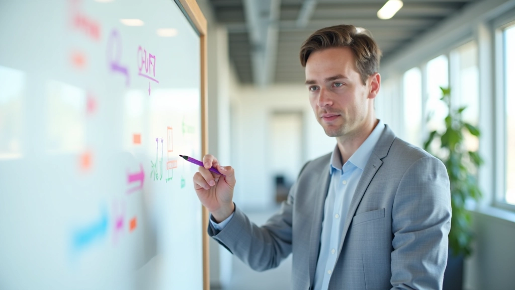 Teamlid schrijft doelen op whiteboard met kleurrijke markers en plaknotities