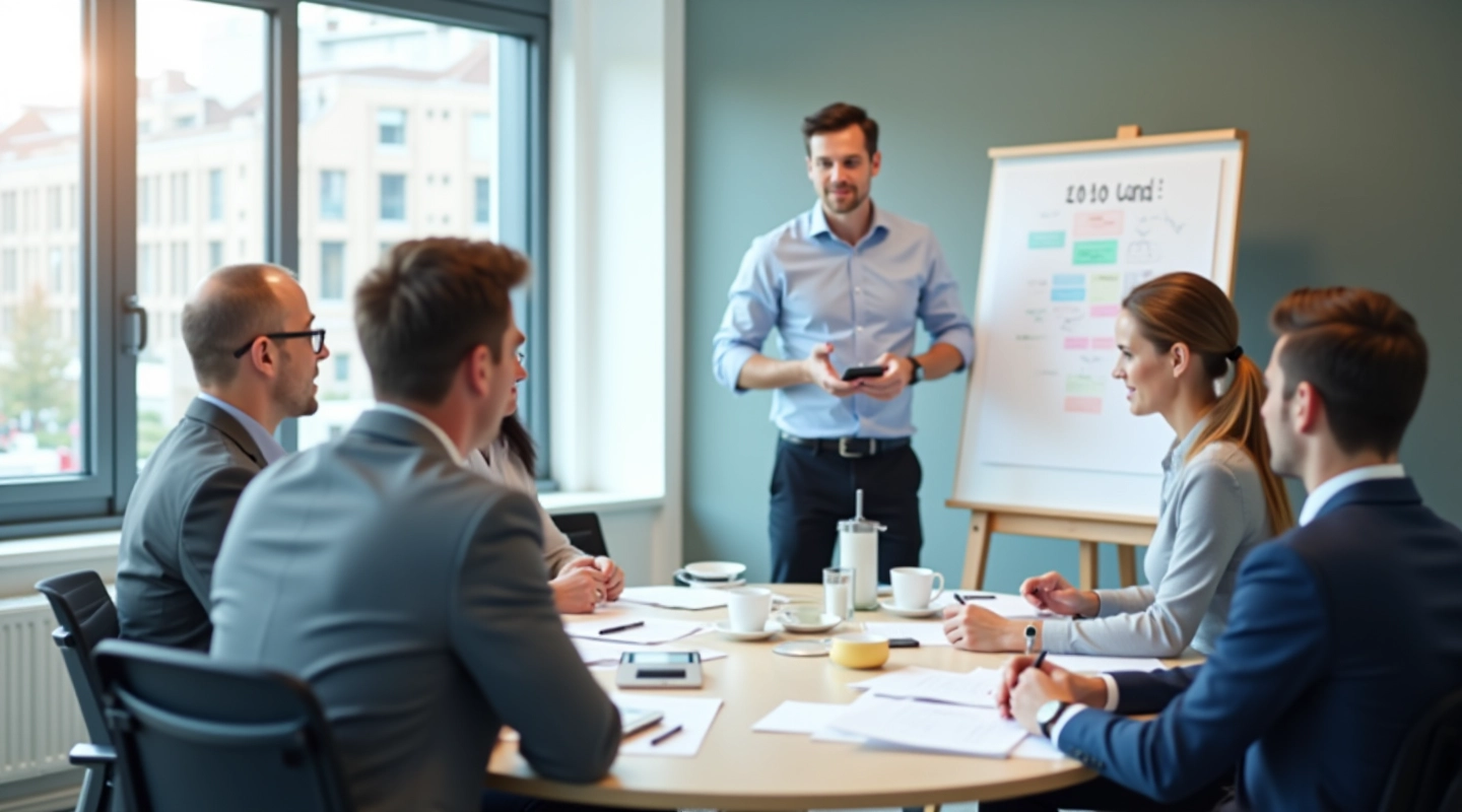Groep werknemers in vergaderruimte met flip-over bord, notities schrijvend