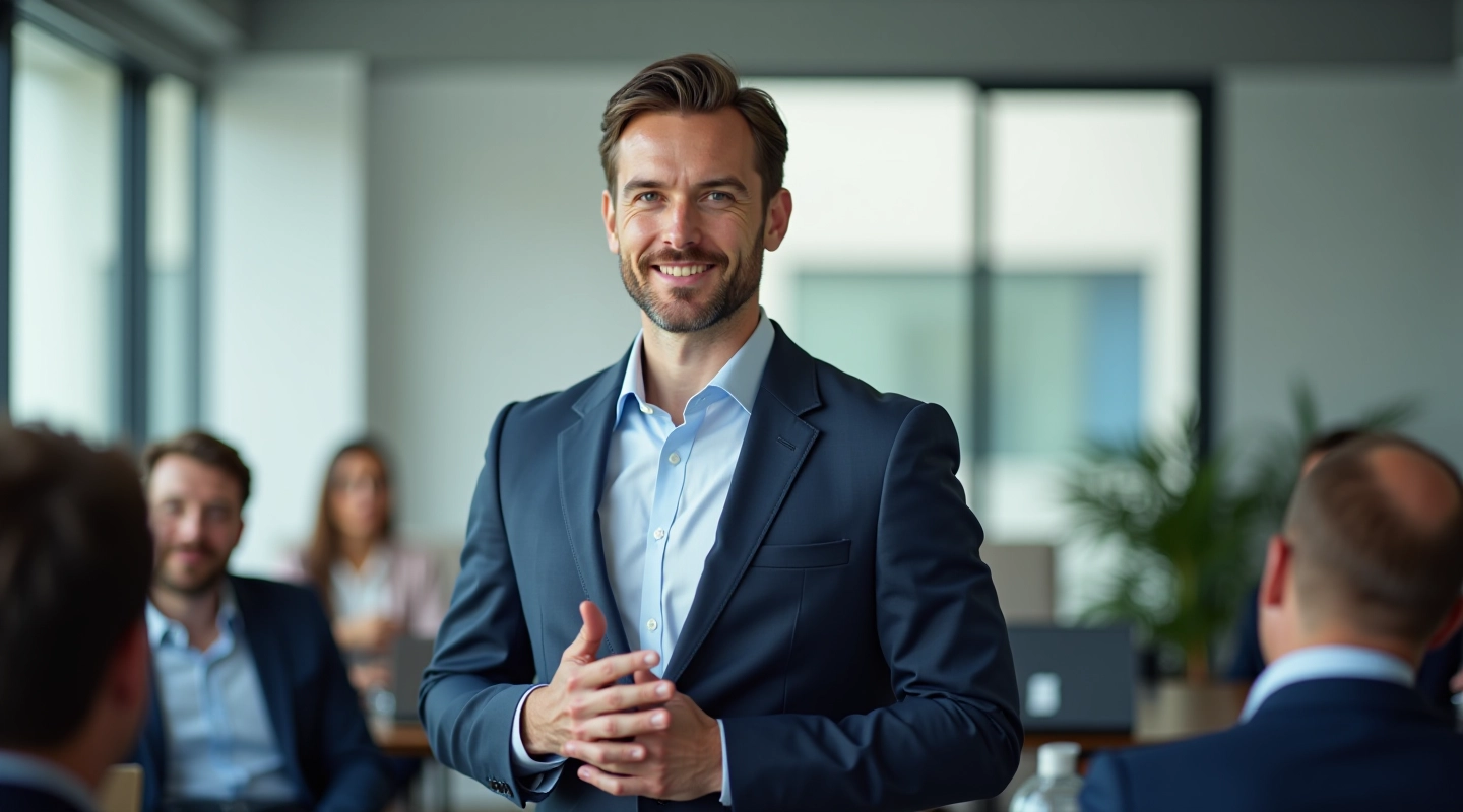 Trainer die een workshop leidt met medewerkers in een moderne trainingsruimte