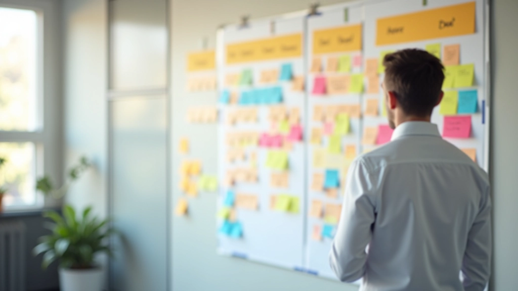Kantoor met kleurrijke post-it notes op muur met taken en voortgang