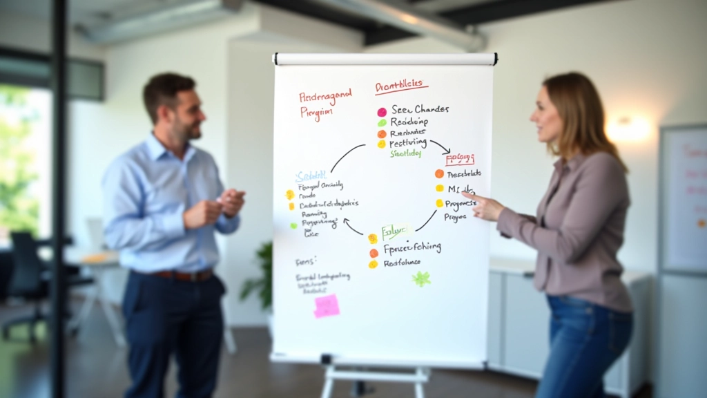 Whiteboard met stappen, takenlijsten en voortgangsmarkeringen in verschillende kleuren